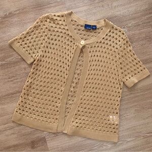 Basic Editions Crochet Open Knit Short Sleeve Cardigan Button Front Top